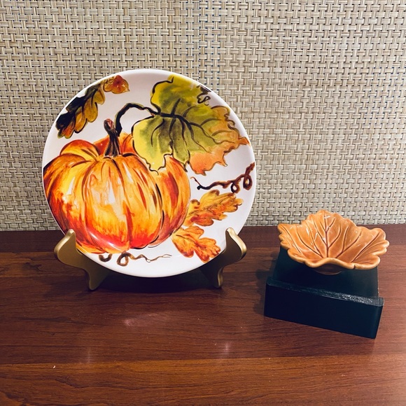 JC Penney Home Other - 🍁🌟2xHP🌟Set of Fall Watercolor Pumpkin Glazed Ceramic Plate & Small Leaf Bowl